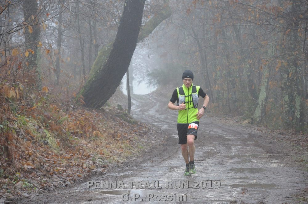 Atleta che corre nella nebbia del bosco